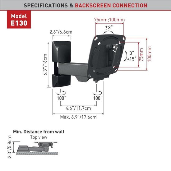 Barkan Mounts kompakt TV konzol kis képernyőkhöz | 13-29 hüvelyk | Teljes mozgás | Gaming | Távolság 5,8 cm - 17,6 cm