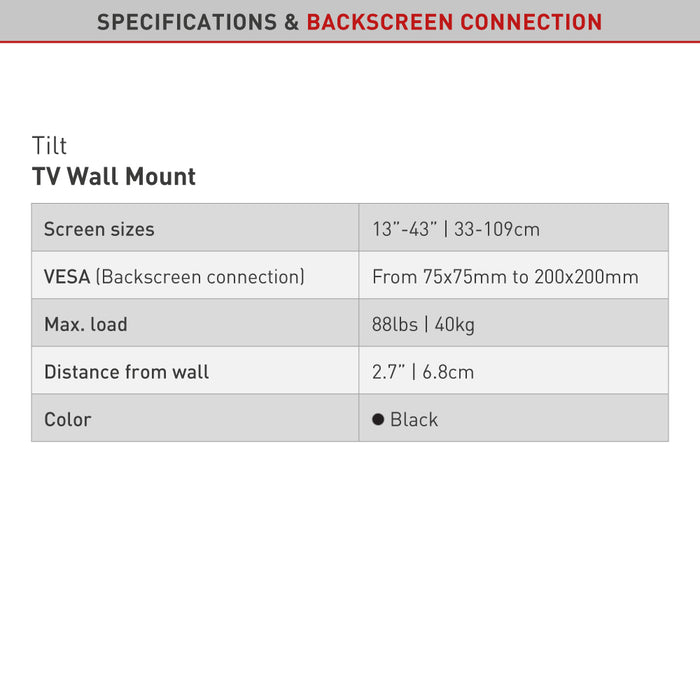 Barkan Mounts kompakt dönthető fali konzol akár 43 hüvelykig | VESA 200x200