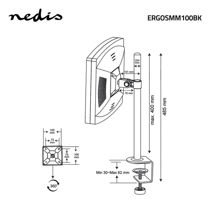 Ergonómikus monitor tartó | Egy monitor kar | Forgatható és dönthető | Fekete