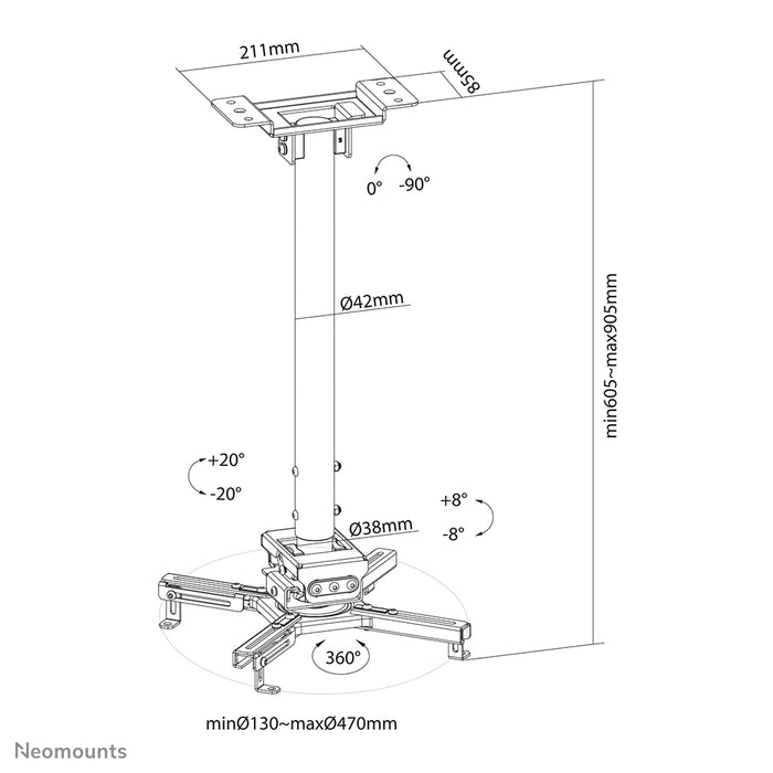 Neomounts CL25-540BL1 univerzális projektor mennyezeti tartó, magasságban állítható (60,5-90,5 cm) - Fekete