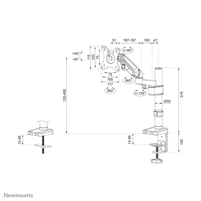 Neomounts DS70-750BL1 teljes mozgású monitor asztali tartó 17-27 hüvelykes képernyőkhöz - Fekete