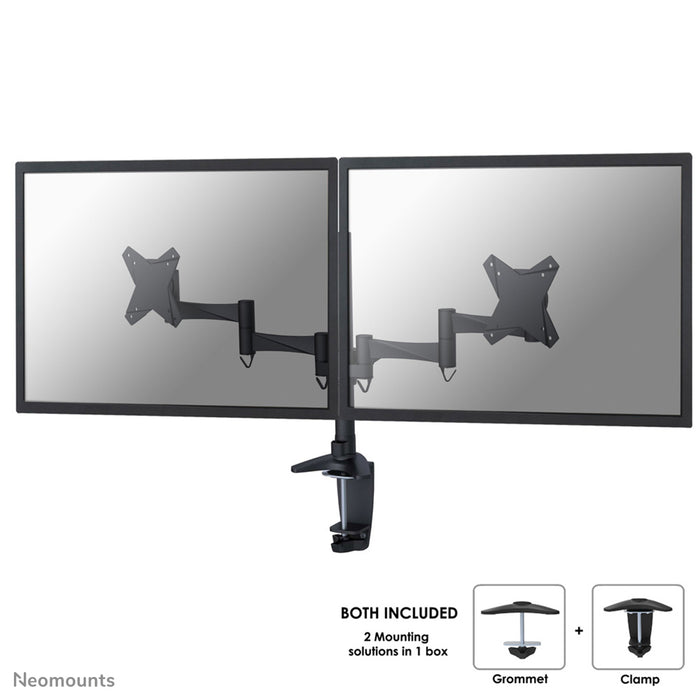 A Neomounts FPMA-D1330Dblack egy asztali tartó 2 darab, legfeljebb 27 hüvelykes (69 cm) lapos képernyőhöz.