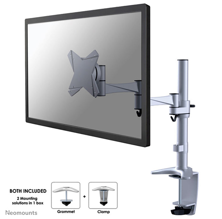 A Neomounts FPMA-D1330 ezüst egy három forgásponttal rendelkező asztali tartó legfeljebb 30 hüvelykes (76 cm) lapos képernyőkhöz.