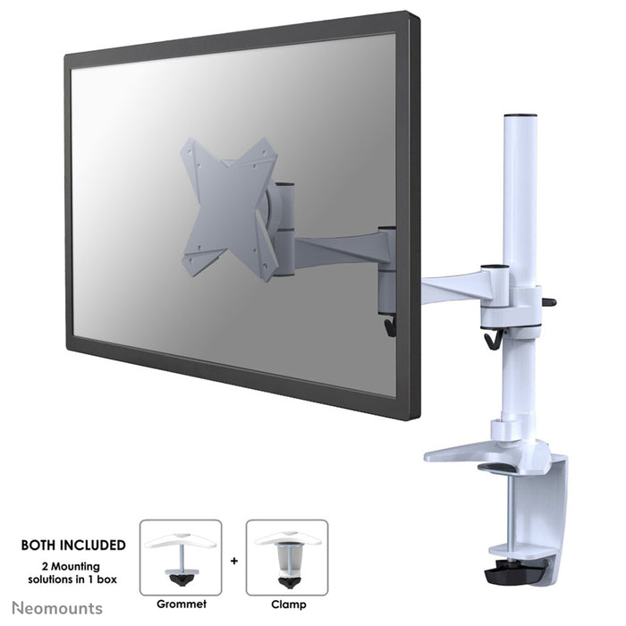 A Neomounts FPMA-D1330 fehér egy három forgásponttal rendelkező asztali tartó legfeljebb 30 hüvelykes (76 cm) lapos képernyőkhöz.