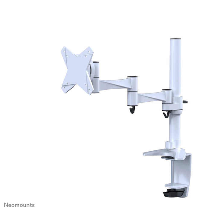 A Neomounts FPMA-D1330 fehér egy három forgásponttal rendelkező asztali tartó legfeljebb 30 hüvelykes (76 cm) lapos képernyőkhöz.