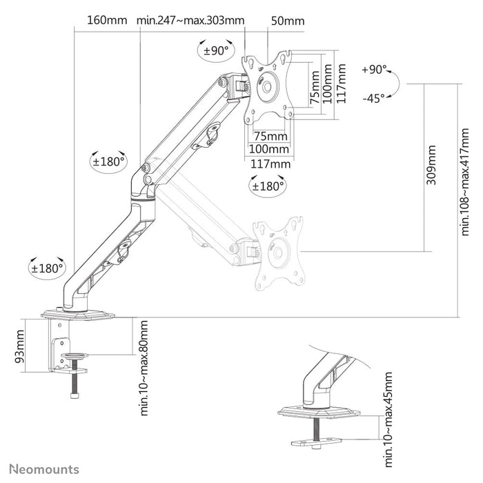 A Neomounts FPMA-D650 fekete egy full motion asztali tartó legfeljebb 27 hüvelykes (69 cm) képernyőkhöz.