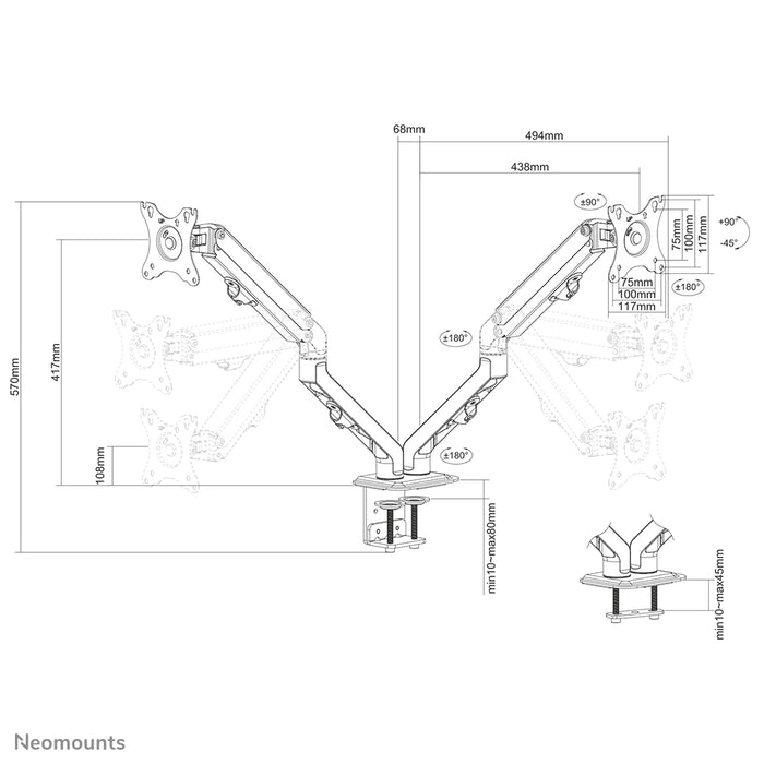 A Neomounts FPMA-D650D fekete egy full motion asztali tartó legfeljebb 27 hüvelykes (69 cm) képernyőkhöz.