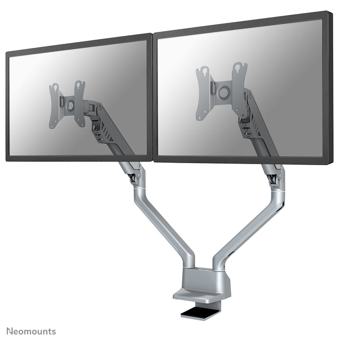 A Neomounts FPMA-D750D ezüst egy asztali tartó gázrugóval, legfeljebb 32 hüvelykes (81 cm) lapos képernyőkhöz.