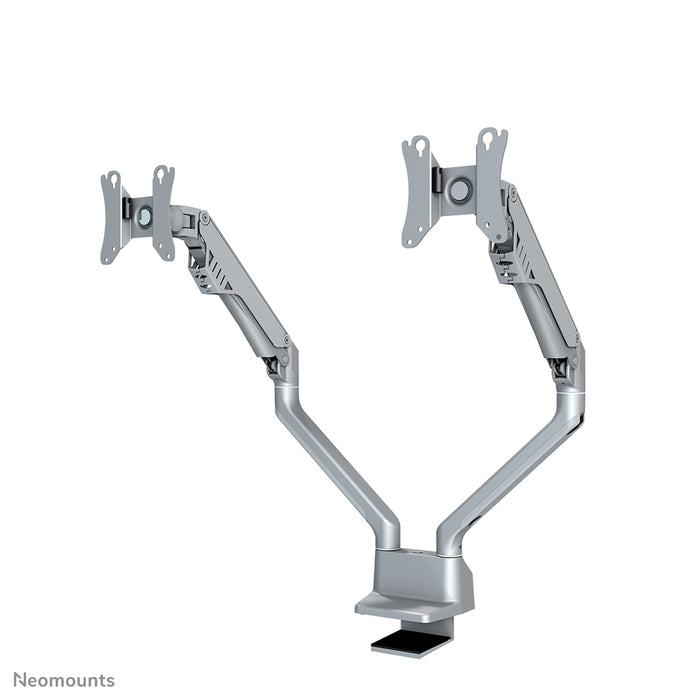 A Neomounts FPMA-D750D ezüst egy asztali tartó gázrugóval, legfeljebb 32 hüvelykes (81 cm) lapos képernyőkhöz.