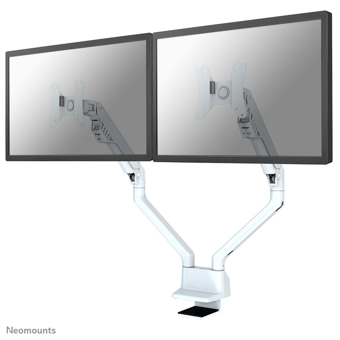 A Neomounts FPMA-D750D fehér egy asztali tartó gázrugóval, legfeljebb 32 hüvelykes (81 cm) lapos képernyőkhöz.