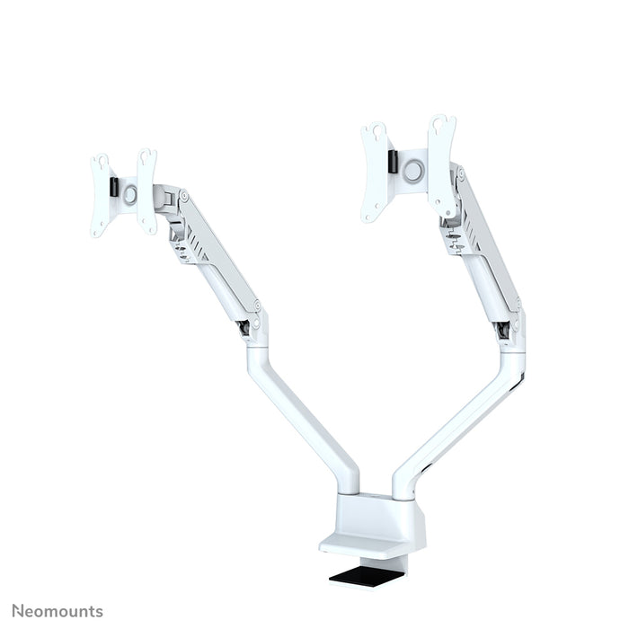 A Neomounts FPMA-D750D fehér egy asztali tartó gázrugóval, legfeljebb 32 hüvelykes (81 cm) lapos képernyőkhöz.