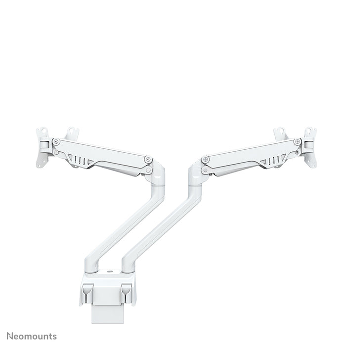 A Neomounts FPMA-D750D fehér egy asztali tartó gázrugóval, legfeljebb 32 hüvelykes (81 cm) lapos képernyőkhöz.