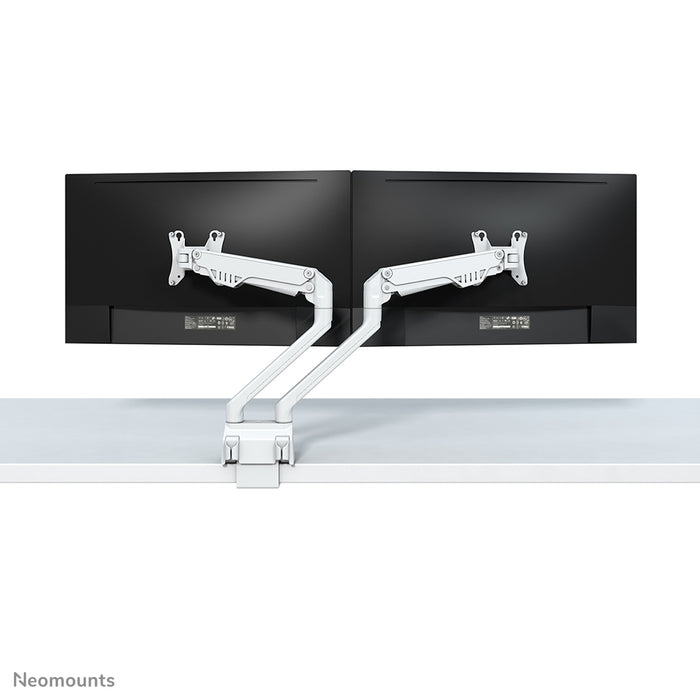 A Neomounts FPMA-D750D fehér egy asztali tartó gázrugóval, legfeljebb 32 hüvelykes (81 cm) lapos képernyőkhöz.