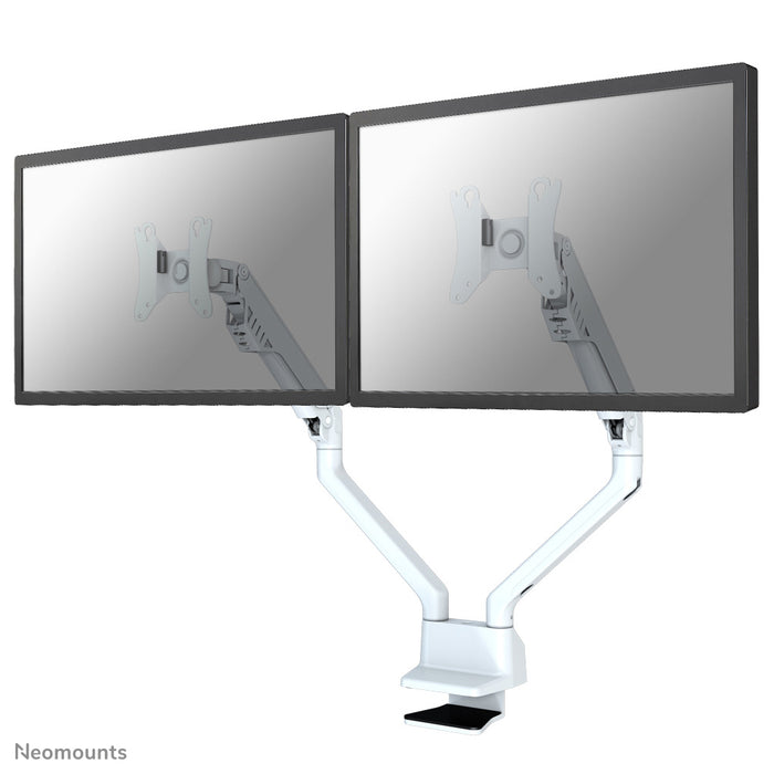 A Neomounts FPMA-D750D fehér egy asztali tartó gázrugóval, legfeljebb 32 hüvelykes (81 cm) lapos képernyőkhöz.