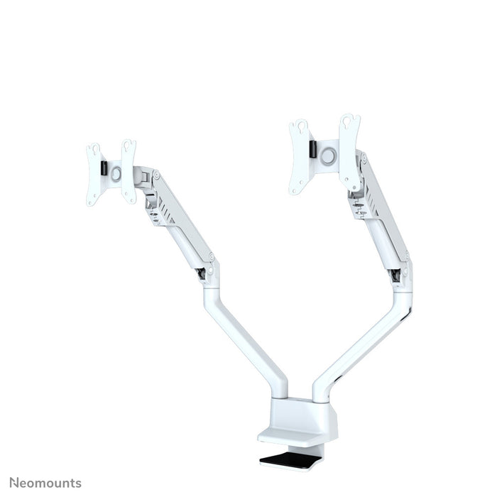 A Neomounts FPMA-D750D fehér egy asztali tartó gázrugóval, legfeljebb 32 hüvelykes (81 cm) lapos képernyőkhöz.
