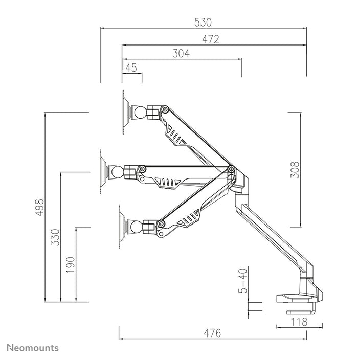 A Neomounts FPMA-D750 ezüst egy asztali tartó gázrugóval, legfeljebb 32 hüvelykes (81 cm) lapos képernyőkhöz.