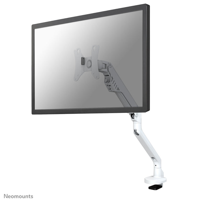 A Neomounts FPMA-D750 fehér egy asztali tartó gázrugóval, legfeljebb 32 hüvelykes (81 cm) lapos képernyőkhöz.