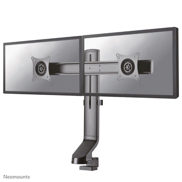 A Neomounts FPMA-D860D fekete egy asztali tartó két legfeljebb 27 hüvelykes (69 cm) lapos képernyőhöz.