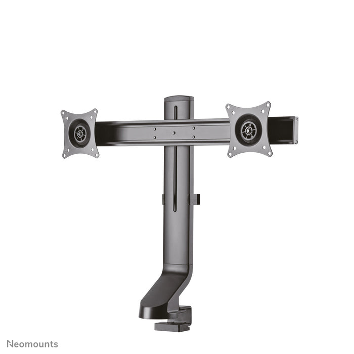 A Neomounts FPMA-D860D fekete egy asztali tartó két legfeljebb 27 hüvelykes (69 cm) lapos képernyőhöz.