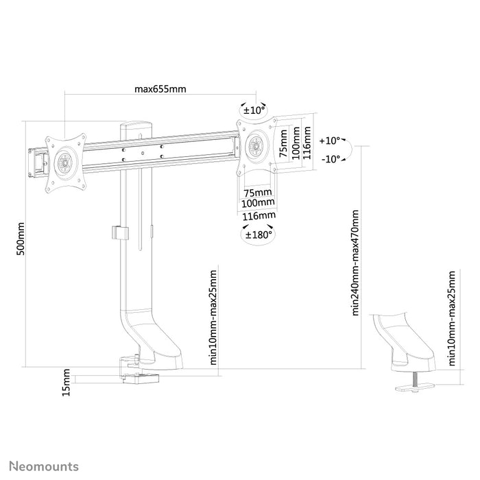 A Neomounts FPMA-D860D fekete egy asztali tartó két legfeljebb 27 hüvelykes (69 cm) lapos képernyőhöz.