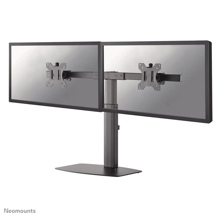 A Neomounts FPMA-D865D fekete egy asztali tartó két legfeljebb 27 hüvelykes (69 cm) lapos képernyőhöz.