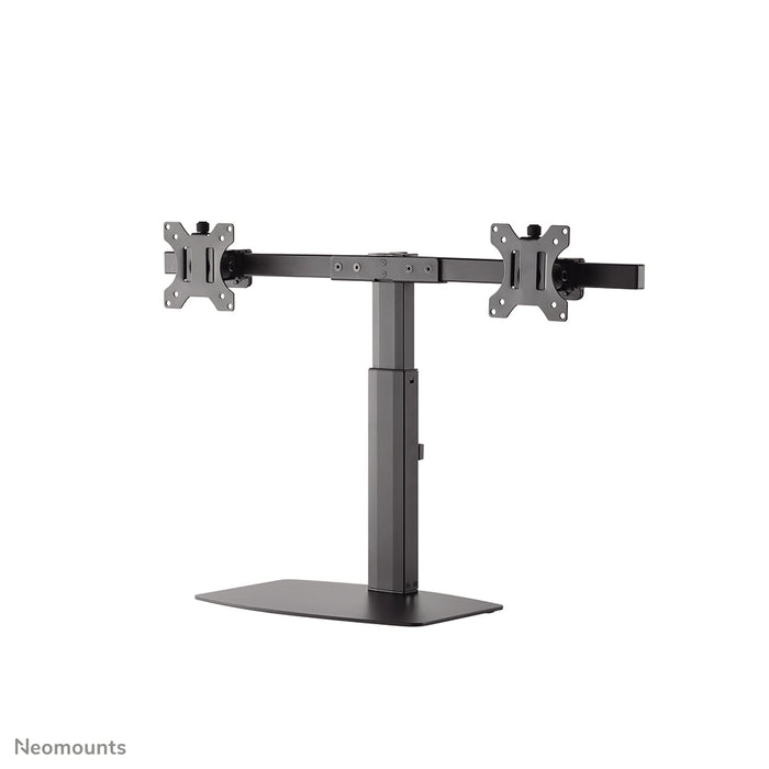 A Neomounts FPMA-D865D fekete egy asztali tartó két legfeljebb 27 hüvelykes (69 cm) lapos képernyőhöz.