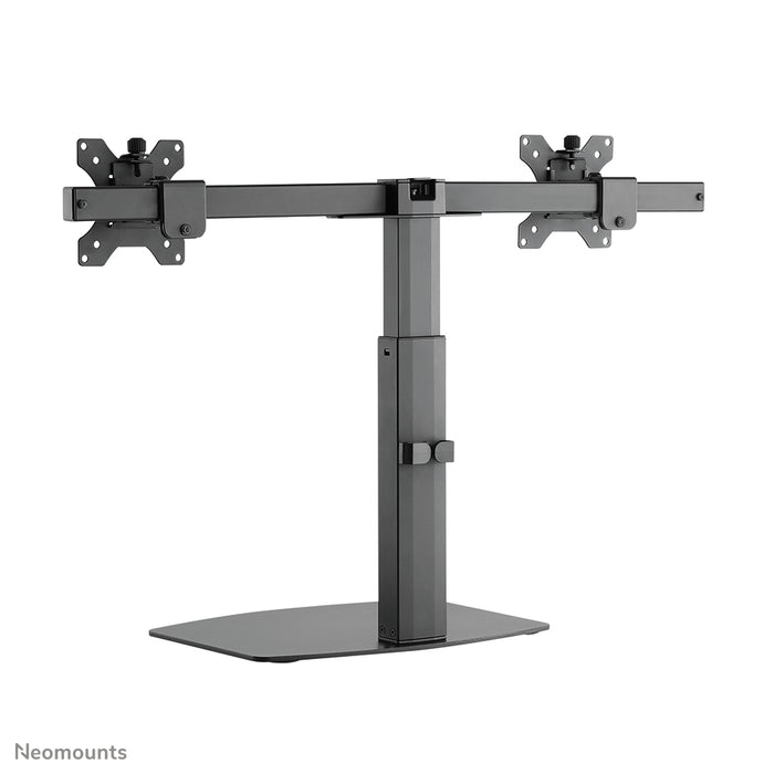 A Neomounts FPMA-D865D fekete egy asztali tartó két legfeljebb 27 hüvelykes (69 cm) lapos képernyőhöz.