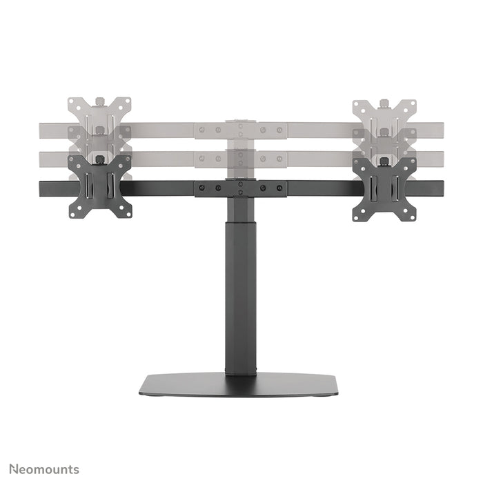 A Neomounts FPMA-D865D fekete egy asztali tartó két legfeljebb 27 hüvelykes (69 cm) lapos képernyőhöz.