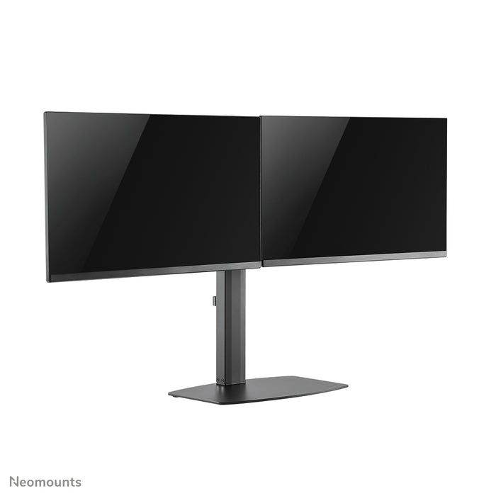 A Neomounts FPMA-D865D fekete egy asztali tartó két legfeljebb 27 hüvelykes (69 cm) lapos képernyőhöz.