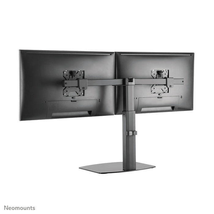 A Neomounts FPMA-D865D fekete egy asztali tartó két legfeljebb 27 hüvelykes (69 cm) lapos képernyőhöz.