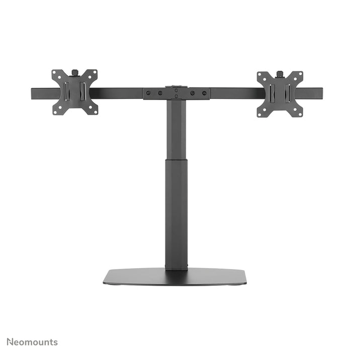 A Neomounts FPMA-D865D fekete egy asztali tartó két legfeljebb 27 hüvelykes (69 cm) lapos képernyőhöz.