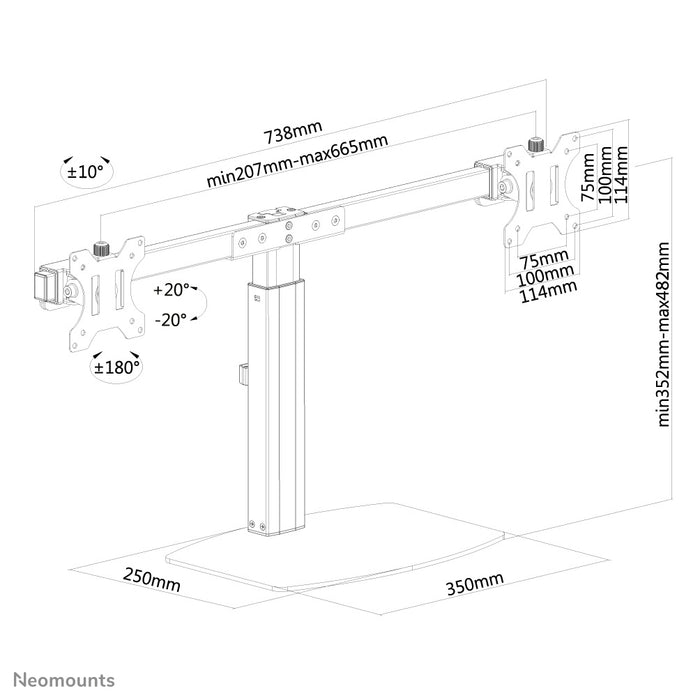 A Neomounts FPMA-D865D fekete egy asztali tartó két legfeljebb 27 hüvelykes (69 cm) lapos képernyőhöz.