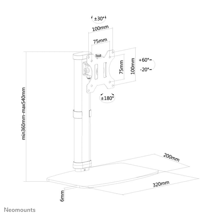 A Neomounts FPMA-D890 fehér egy asztali tartó legfeljebb 30 hüvelykes (76 cm) lapos képernyőkhöz.