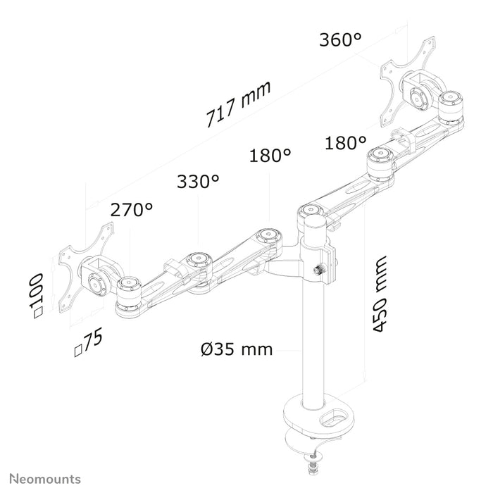 A Neomounts FPMA-D935DG egy asztali tartó két legfeljebb 27 hüvelykes (69 cm) lapos képernyőhöz.