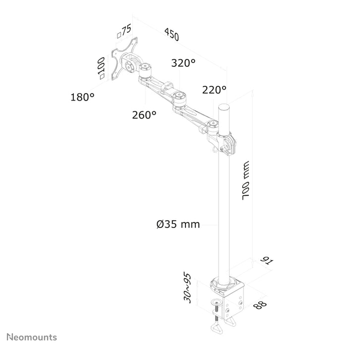 A Neomounts FPMA-D935POLE70 egy asztali tartó három forgásponttal legfeljebb 30 hüvelykes (76 cm) lapos képernyőkhöz.