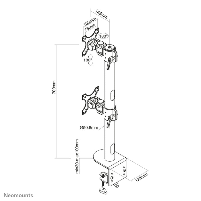 A Neomounts FPMA-D960DV feketePLUS egy asztali tartó két legfeljebb 49 hüvelykes (124 cm) ívelt képernyőhöz - fekete.