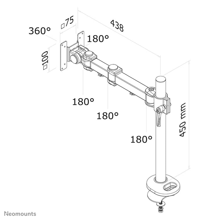 A Neomounts FPMA-D960G egy asztali tartó három forgásponttal legfeljebb 30 hüvelykes (76 cm) lapos képernyőkhöz.