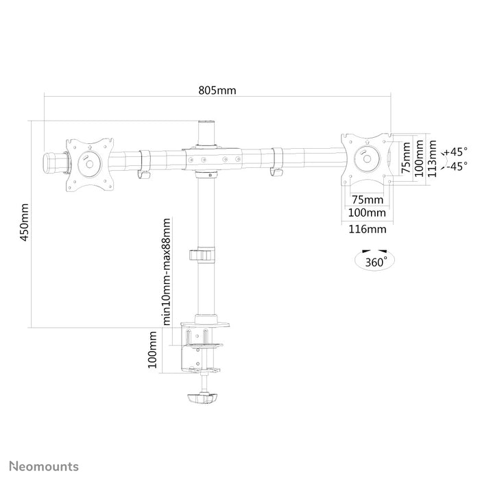 A Neomounts FPMA-DCB100D fekete egy keresztléc asztali tartó két legfeljebb 27 hüvelykes (69 cm) lapos képernyőhöz.