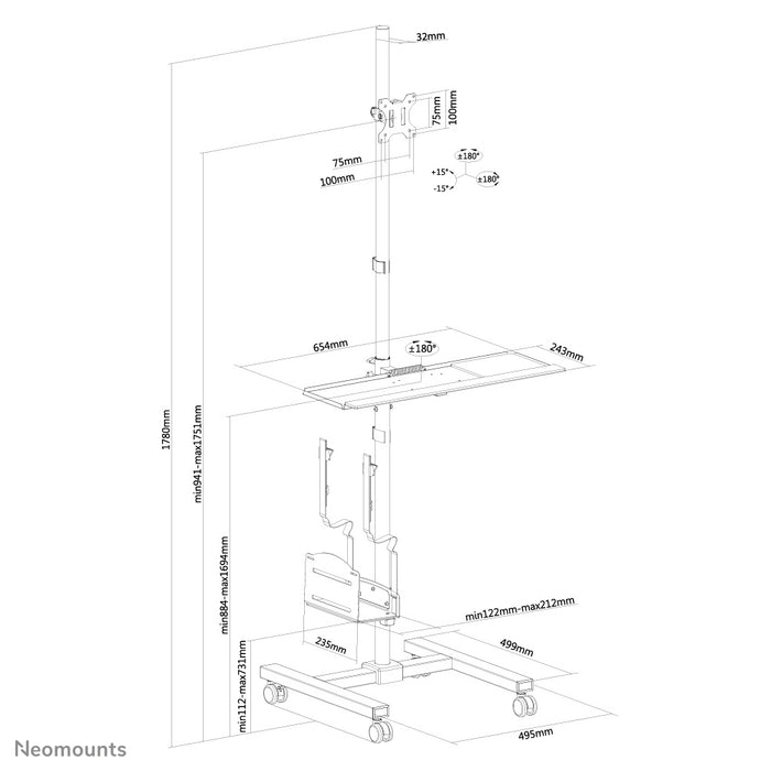 A Neomounts FPMA-MOBILE1700 egy guruló munkaállomás monitorhoz (max. 32 hüvelyk/81 cm), PC-hez, billentyűzethez és egérhez.