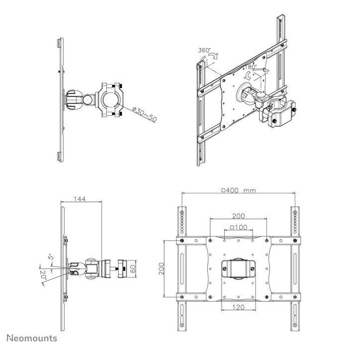 A Neomounts FPMA-WP440 fekete egy dönthető és forgatható oszlopos tartó LCD/LED/TFT képernyőkhöz akár 52 hüvelykig (132 cm).