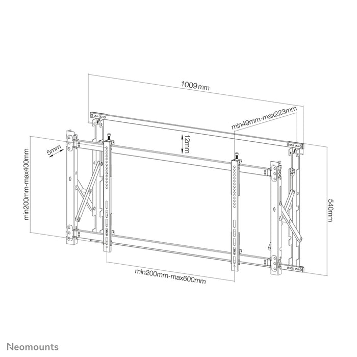 A Neomounts LED-VW1750 fekete egy sík video wall fali tartó akár 55 hüvelykes (140 cm) képernyőkhöz.