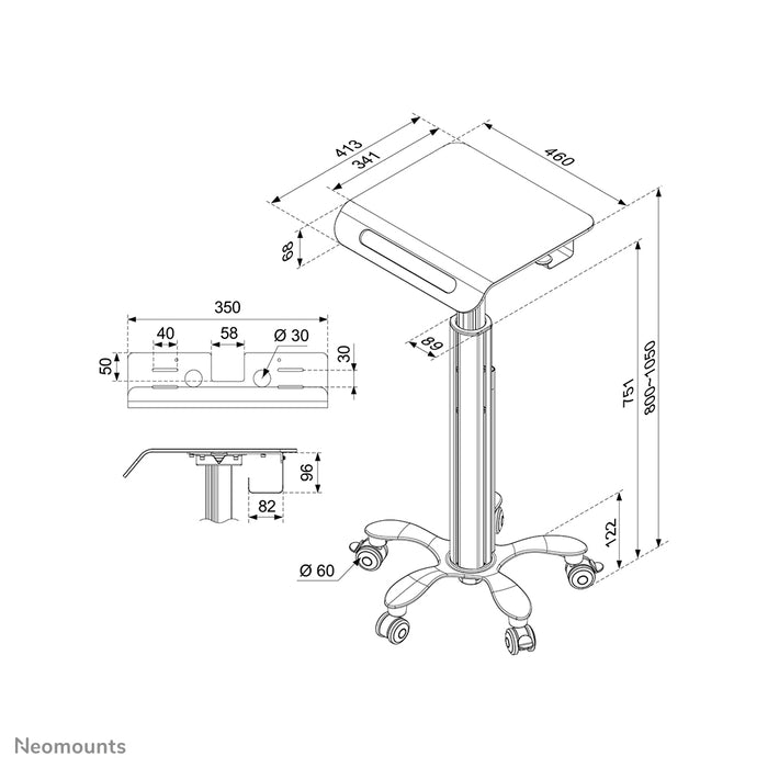 A Neomounts MED-M050 egy guruló munkaállomás laptophoz.