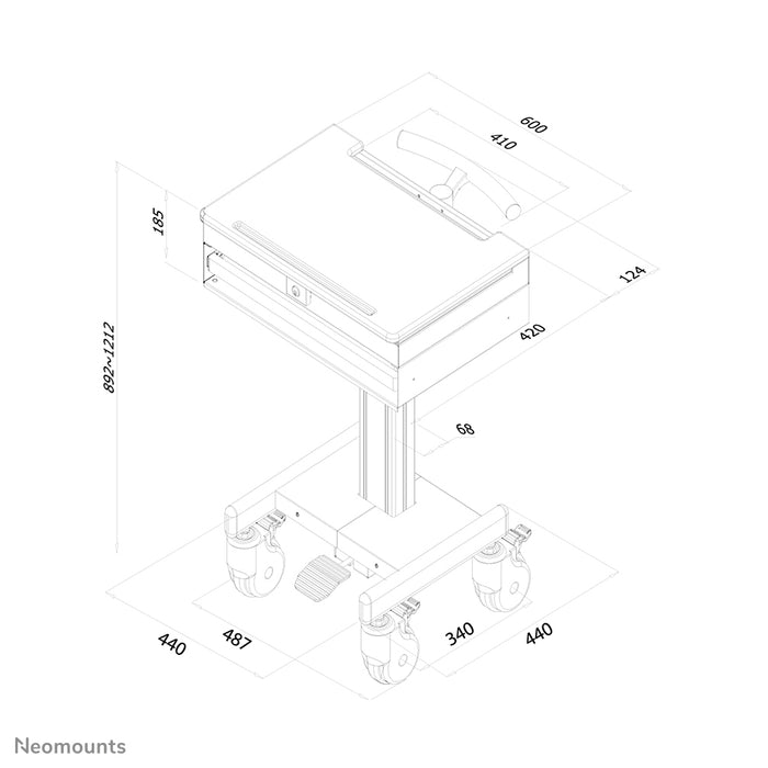 A Neomounts MED-M100 egy guruló munkaállomás laptop, billentyűzet és egér számára.