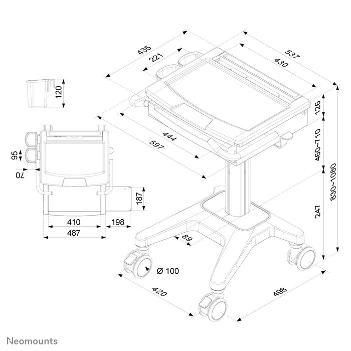 A Neomounts MED-M200 egy guruló munkaállomás laptop, billentyűzet és egér számára.