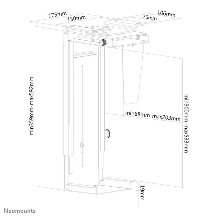 A Neomounts NM-CPU100 fekete egy tartó, amellyel PC-t vagy thin clientet rögzíthet az asztalhoz.