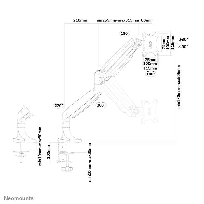A Neomounts NM-D750 fekete egy gázrugós asztali tartó legfeljebb 32 hüvelykes (82 cm) lapos képernyőkhöz.
