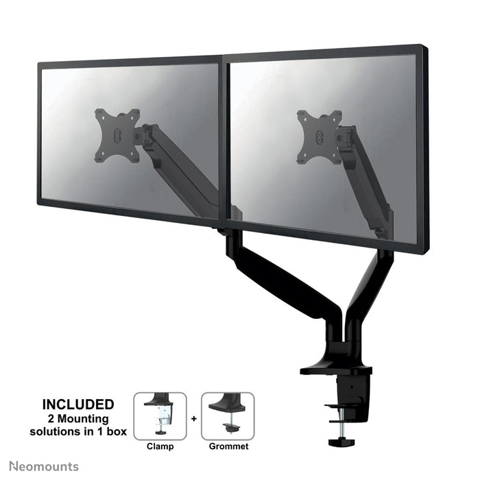 A Neomounts NM-D750D fekete egy gázrugós asztali tartó legfeljebb 32 hüvelykes (82 cm) lapos képernyőkhöz.