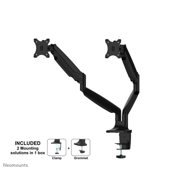 A Neomounts NM-D750D fekete egy gázrugós asztali tartó legfeljebb 32 hüvelykes (82 cm) lapos képernyőkhöz.