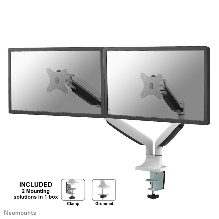 A Neomounts NM-D750D fehér egy gázrugós asztali tartó két darab, legfeljebb 32 hüvelykes (82 cm) lapos képernyőhöz.