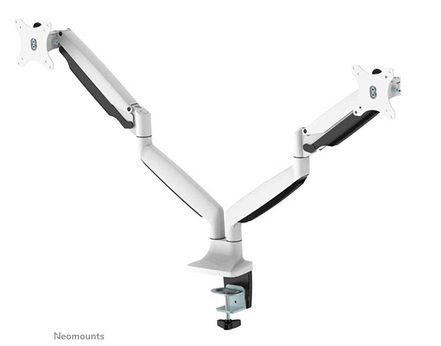 A Neomounts NM-D750D fehér egy gázrugós asztali tartó két darab, legfeljebb 32 hüvelykes (82 cm) lapos képernyőhöz.